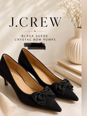 NIB J.Crew Black Suede Crystal Bow Pointed Kitten Heels 7.5